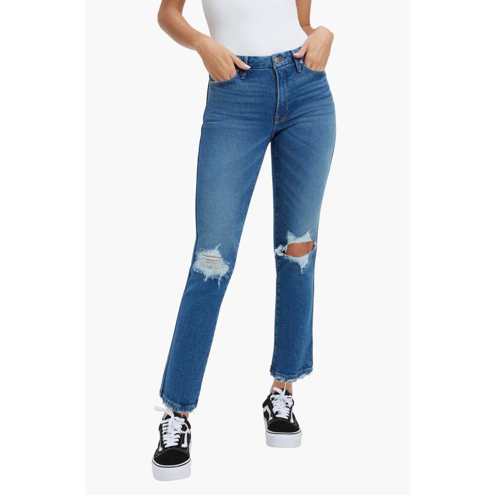 Good American Good Curve Straight Jeans 2 26 High Rise Distressed Stretch Denim